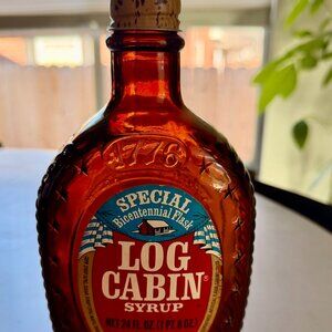 Vintage Log Cabin Syrup Bottle 1976 Bicentennial Amber Glass Flask Decor